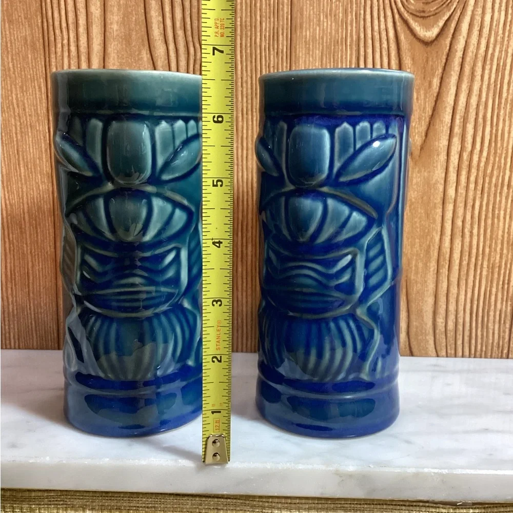 Libbey Hawaiian Deep Blue Tiki Mugs set of 2